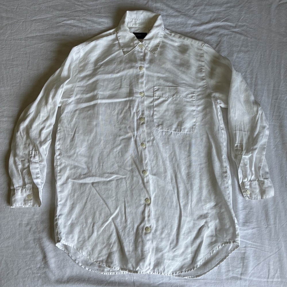 VTG Liz Claiborne Lizsport White 100% Linen Button Up Long‎ Sleeve Blouse Size S
